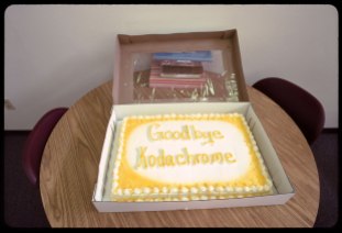 A cake reading “Goodbye Kodachrome” taken on December 30, 2010 at Dwayne’s Photo in Parsons, KA. Photo ©Stephen Takacs